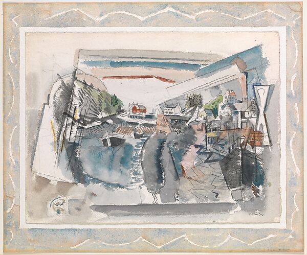 A Town in Maine, John Marin (American, Rutherford, New Jersey 1870–1953 Cape Split, Maine), Watercolor, charcoal and graphite on paper, mounted on painted paper 
