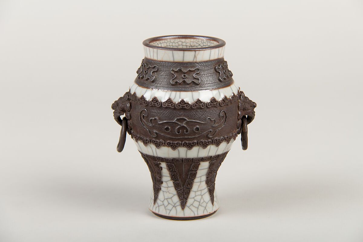 Vase with archaistic decoration, Porcelain with crackled glaze and brown biscuit-relief decoration simulating bronze (Jingdezhen ware), China