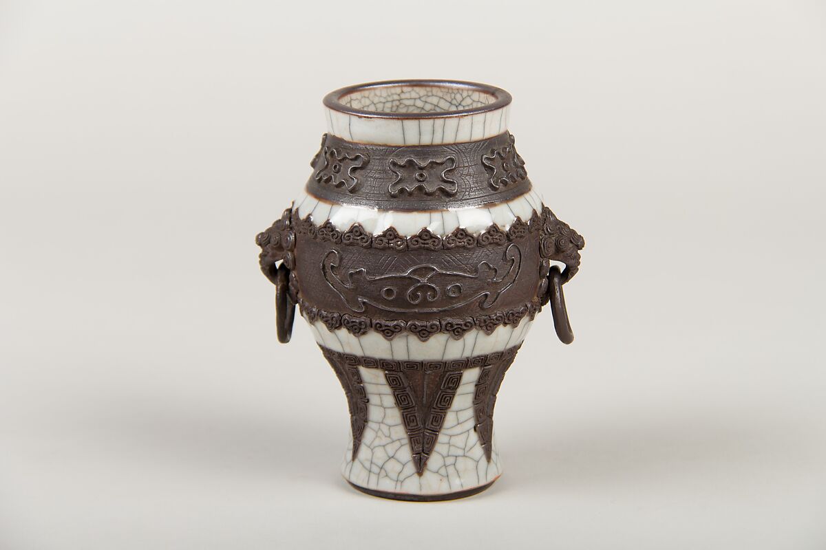 Vase with archaistic decoration, Porcelain with crackled glaze and brown biscuit-relief decoration simulating bronze (Jingdezhen ware), China