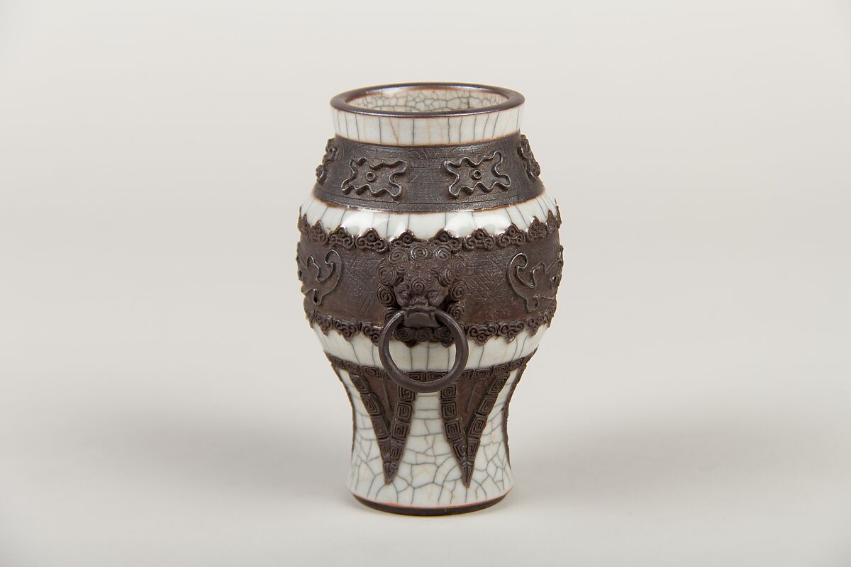 Vase with archaistic decoration, Porcelain with crackled glaze and brown biscuit-relief decoration simulating bronze (Jingdezhen ware), China