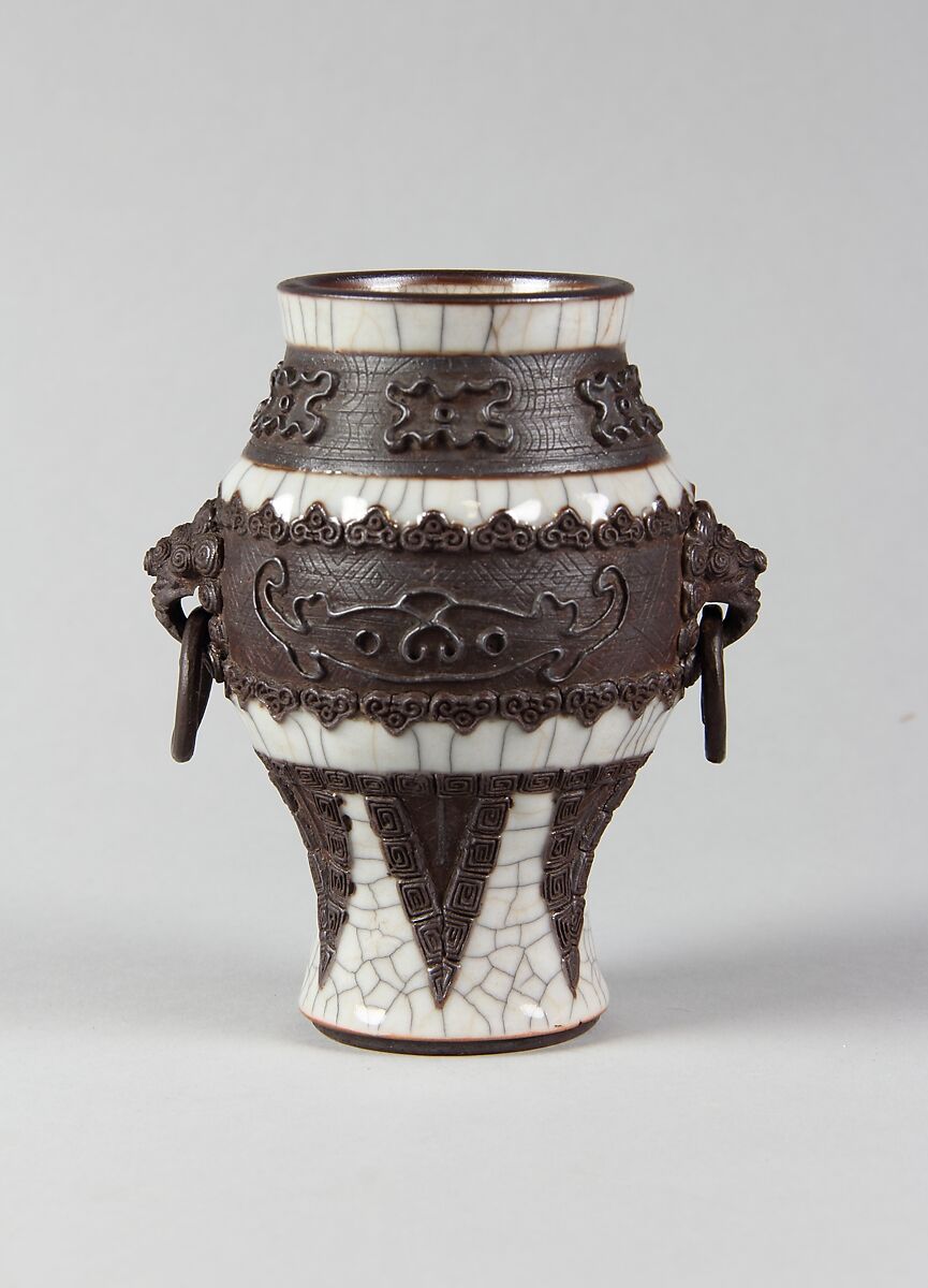 Vase with archaistic decoration, Porcelain with crackled glaze and brown biscuit-relief decoration simulating bronze (Jingdezhen ware), China 