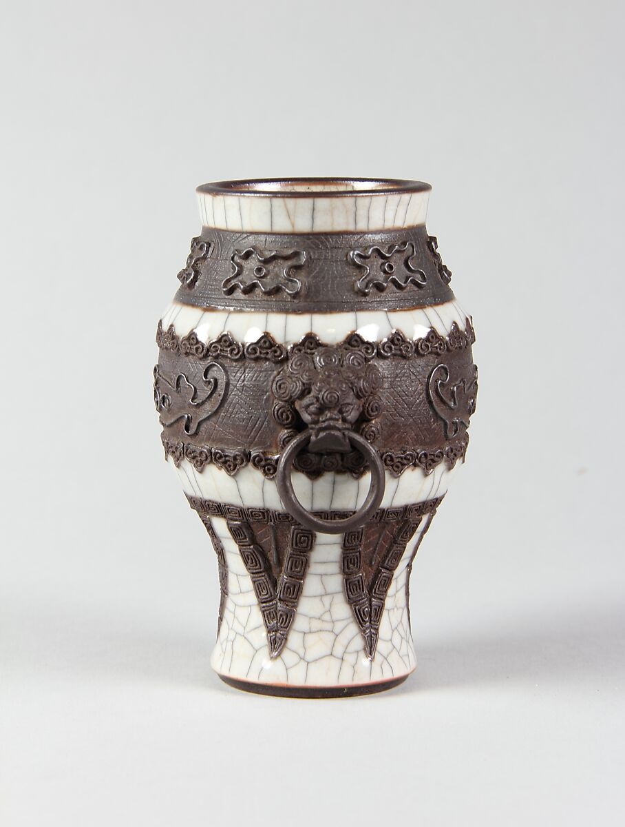 Vase with archaistic decoration, Porcelain with crackled glaze and brown biscuit-relief decoration simulating bronze (Jingdezhen ware), China