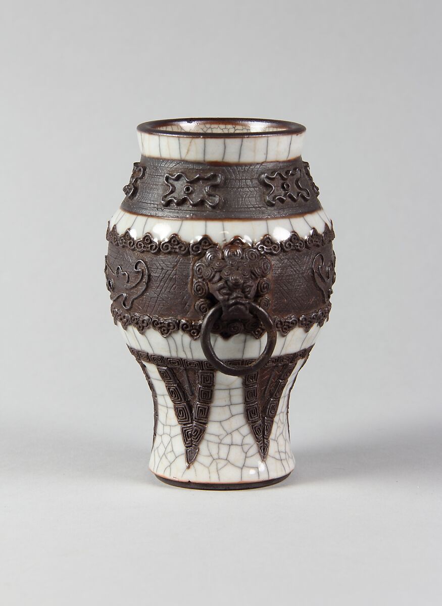 Vase with archaistic decoration, Porcelain with crackled glaze and brown biscuit-relief decoration simulating bronze (Jingdezhen ware), China