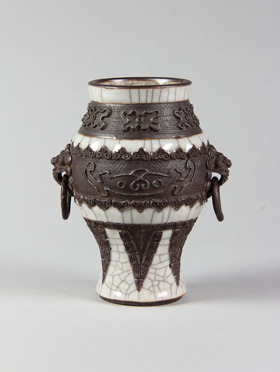 Vase with archaistic decoration, Porcelain with crackled glaze and brown biscuit-relief decoration simulating bronze (Jingdezhen ware), China