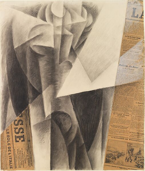 Still Life: Bottle + Vase + Journal + Table, Gino Severini (Italian, Cortona 1883–1966 Paris), Charcoal, gouache, and cut and pasted newspaper on paper 