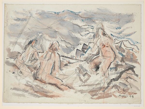 Bathers on Rocks, John Marin (American, Rutherford, New Jersey 1870–1953 Cape Split, Maine), Watercolor, copy pencil, and graphite on paper 