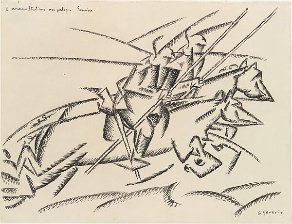 Two Italian Lancers at a Gallop, Gino Severini (Italian, Cortona 1883–1966 Paris), Ink and graphite on paper 