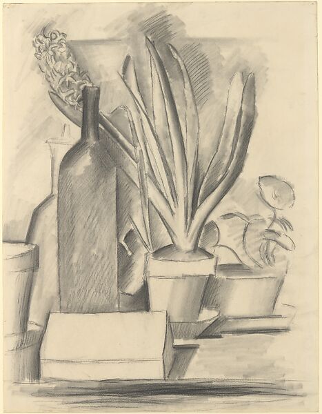 Still Life with Bottle and a Pot of Hyacinths, Pablo Picasso (Spanish, Malaga 1881–1973 Mougins, France), Pastel on paper 