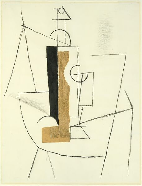 Bottle and Wine Glass on a Table, Pablo Picasso (Spanish, Malaga 1881–1973 Mougins, France), Charcoal, ink, cut and pasted newspaper, and graphite on paper