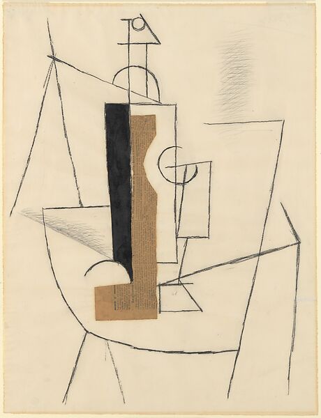 Bottle and Wine Glass on a Table, Pablo Picasso  Spanish, Charcoal, ink, cut and pasted newspaper, and graphite on paper