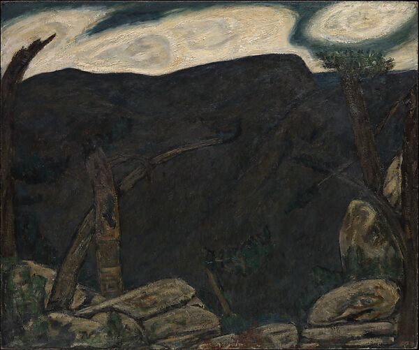 The Dark Mountain, No. 2, Marsden Hartley (American, Lewiston, Maine 1877–1943 Ellsworth, Maine), Oil on commercially prepared paperboard (academy board), mounted to slatted wood board 