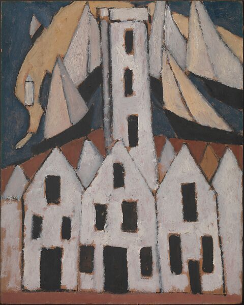 Movement No. 5, Provincetown Houses, Marsden Hartley (American, Lewiston, Maine 1877–1943 Ellsworth, Maine), Oil and charcoal on paperboard 