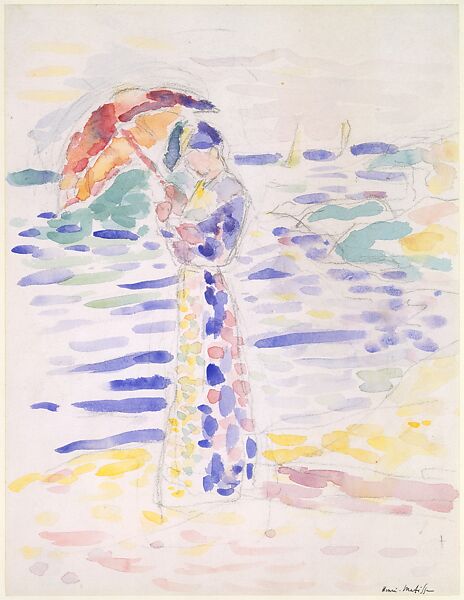 Woman with an Umbrella at the Seashore, Henri Matisse (French, Le Cateau-Cambrésis 1869–1954 Nice), Watercolor and charcoal on paper 