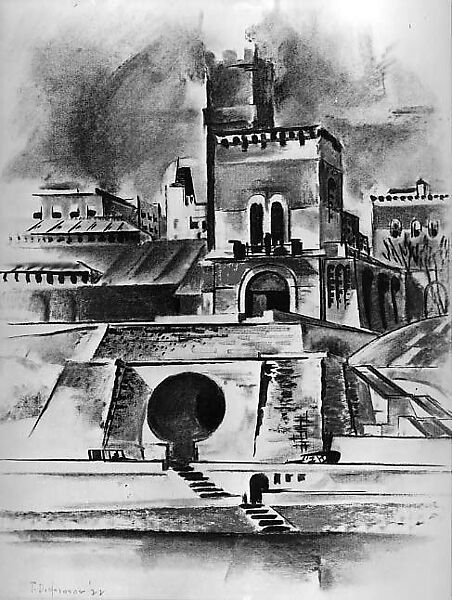 The Water Gate, Preston Dickinson (American, New York, New York 1889–1930 Irun, Spain), Brush and black ink, charcoal, watercolor, and pastel on paper