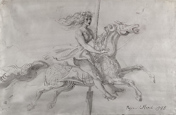 Girl on Merry-Go-Round, Reginald Marsh (American, Paris 1898–1954 Dorset, Vermont), Brush and pen and black ink, black ink wash, and graphite on paper 
