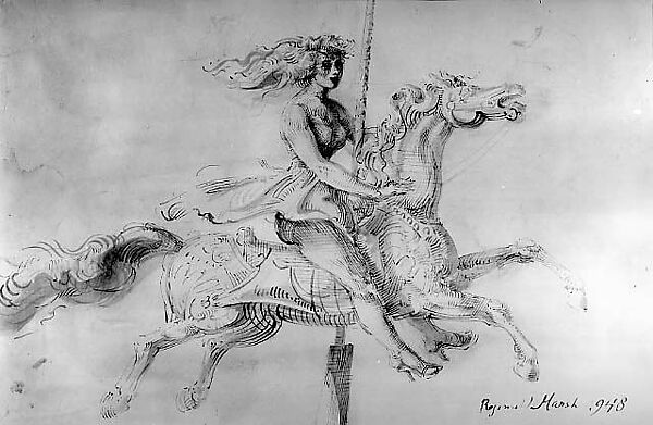Girl on Merry-Go-Round, Reginald Marsh (American, Paris 1898–1954 Dorset, Vermont), Brush and pen and black ink, black ink wash, and graphite on paper 