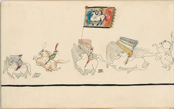 The Parade, Saul Steinberg (American (born Romania), Râmincul-Sarat 1914–1999 New York), Pen and black ink, watercolor, wax crayon, and gold paper on paper