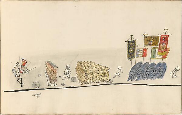 The Parade, Saul Steinberg (American (born Romania), Râmincul-Sarat 1914–1999 New York), Pen and black ink, watercolor, wax crayon, and gold paper on paper 