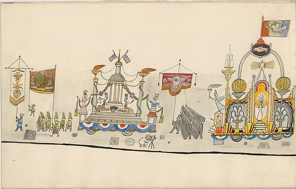 The Parade, Saul Steinberg (American (born Romania), Râmincul-Sarat 1914–1999 New York), Pen and black ink, watercolor, wax crayon, and gold paper on paper