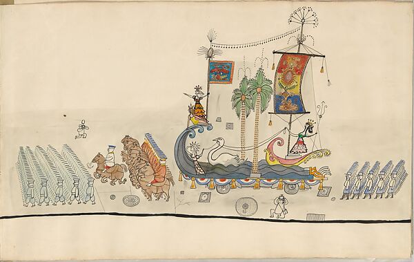 The Parade, Saul Steinberg (American (born Romania), Râmincul-Sarat 1914–1999 New York), Pen and black ink, watercolor, wax crayon, and gold paper on paper