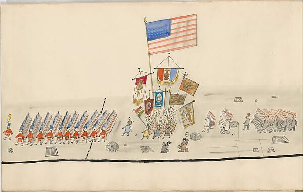 The Parade, Saul Steinberg (American (born Romania), Râmincul-Sarat 1914–1999 New York), Pen and black ink, watercolor, wax crayon, and gold paper on paper