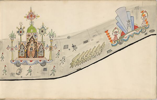 The Parade, Saul Steinberg (American (born Romania), Râmincul-Sarat 1914–1999 New York), Pen and black ink, watercolor, wax crayon, and gold paper on paper