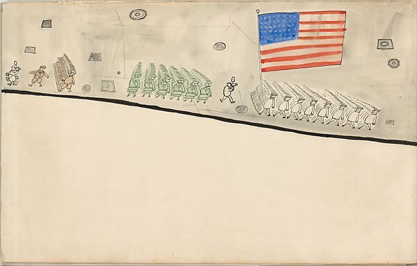 The Parade, Saul Steinberg (American (born Romania), Râmincul-Sarat 1914–1999 New York), Pen and black ink, watercolor, wax crayon, and gold paper on paper