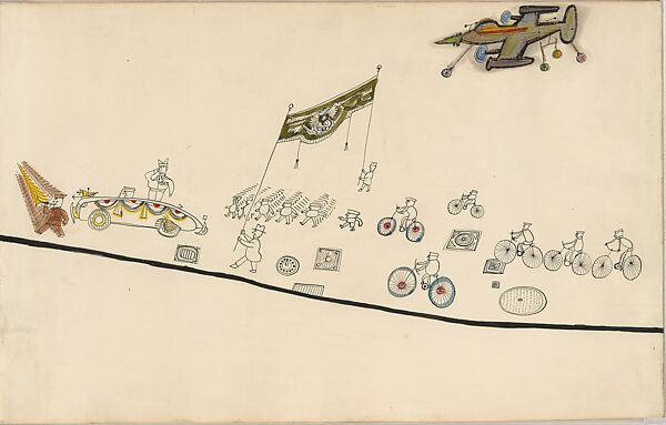 The Parade, Saul Steinberg (American (born Romania), Râmincul-Sarat 1914–1999 New York), Pen and black ink, watercolor, wax crayon, and gold paper on paper