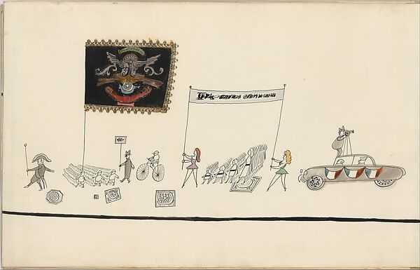 The Parade, Saul Steinberg (American (born Romania), Râmincul-Sarat 1914–1999 New York), Pen and black ink, watercolor, wax crayon, and gold paper on paper