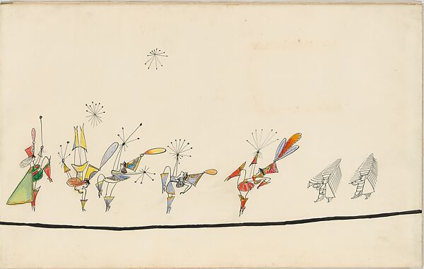 The Parade, Saul Steinberg (American (born Romania), Râmincul-Sarat 1914–1999 New York), Pen and black ink, watercolor, wax crayon, and gold paper on paper