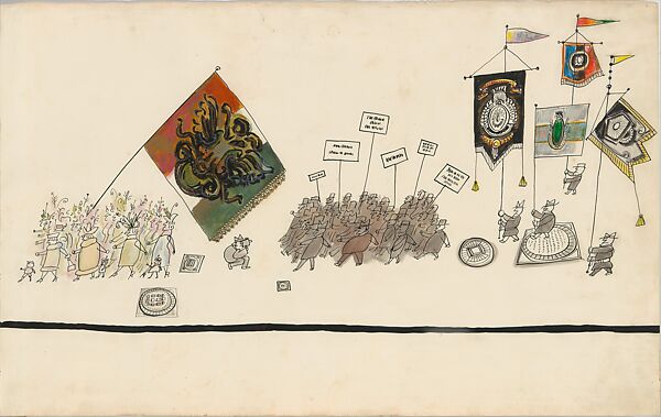 The Parade, Saul Steinberg (American (born Romania), Râmincul-Sarat 1914–1999 New York), Pen and black ink, watercolor, wax crayon, and gold paper on paper