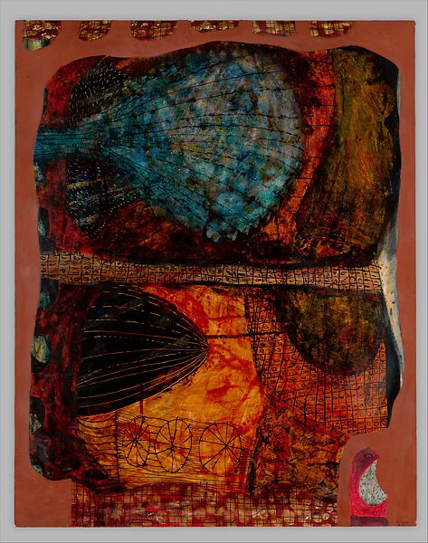 Male Head in Red Landscape, Joseph Glasco (American, Pauls Valley, Oklahoma 1925–1996 Galveston, Texas), Ink, casein and gesso on cardboard 