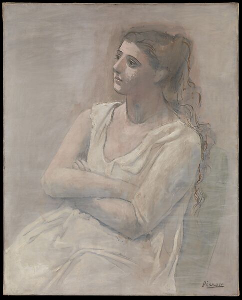 Woman in White, Pablo Picasso (Spanish, Malaga 1881–1973 Mougins, France), Oil, water-based paint, and crayon on canvas 