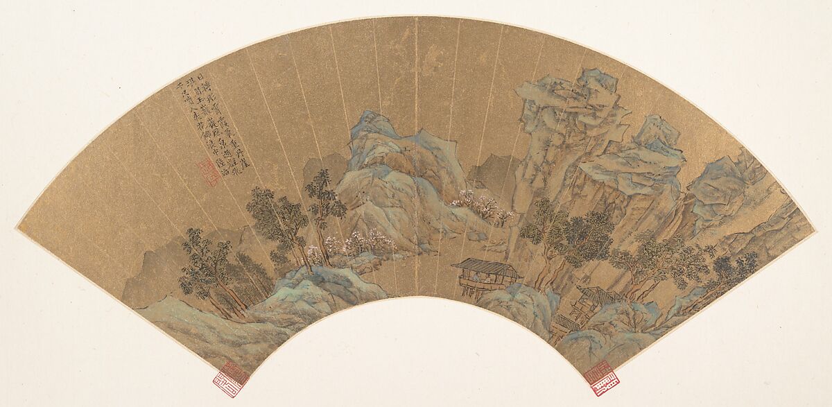 Brocaded Sea of Peach Blossom Waves, Attributed to Lu Zhi (Chinese, 1495–1576), Folding fan mounted as an album leaf; ink and color on gold paper, China 