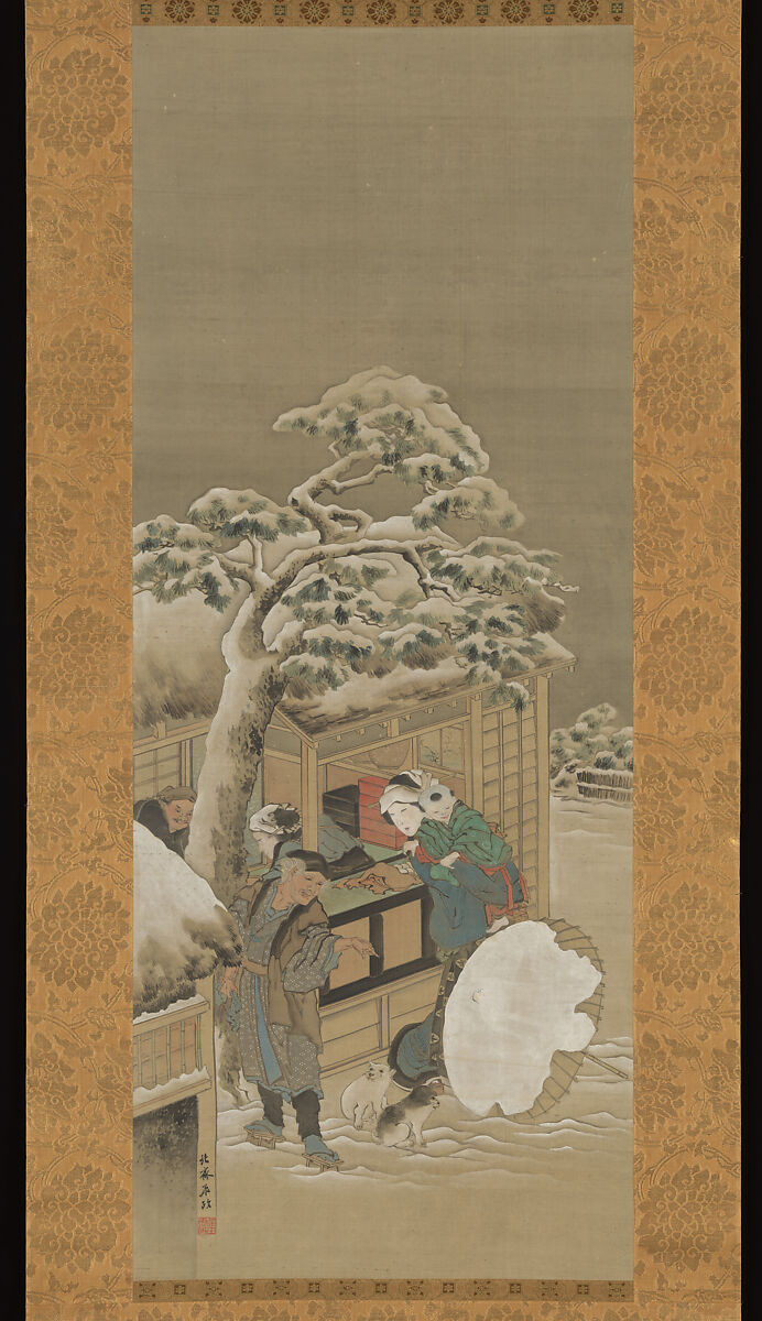 In Front of a Shop, Katsushika Hokusai (Japanese, Tokyo (Edo) 1760–1849 Tokyo (Edo)), Hanging scroll; ink and color on silk, Japan 