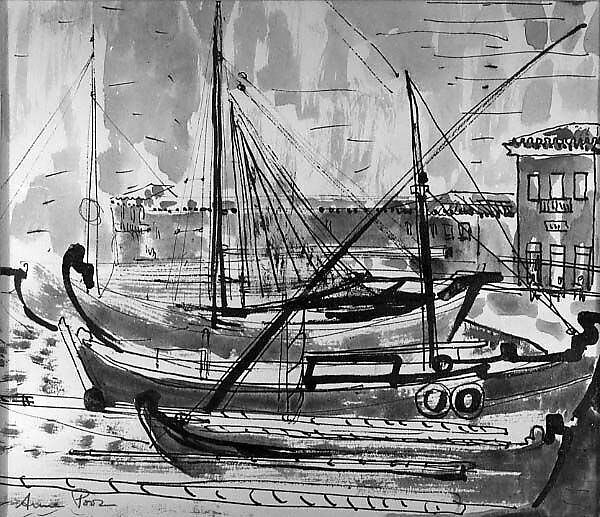 Greek Boats, Anne Poor (American, New York 1918–2002 Nyack, New York), Pen and ink and watercolor on paper 