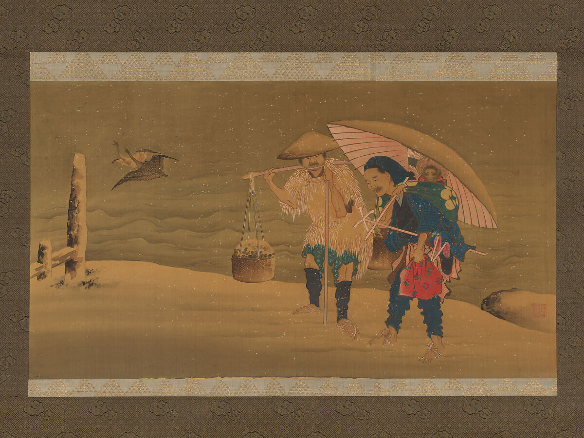 Monkey Showman and Porter(?) in the Snow, Hokuga (Japanese, active early 19th century), Hanging scroll; ink and color on silk, Japan 