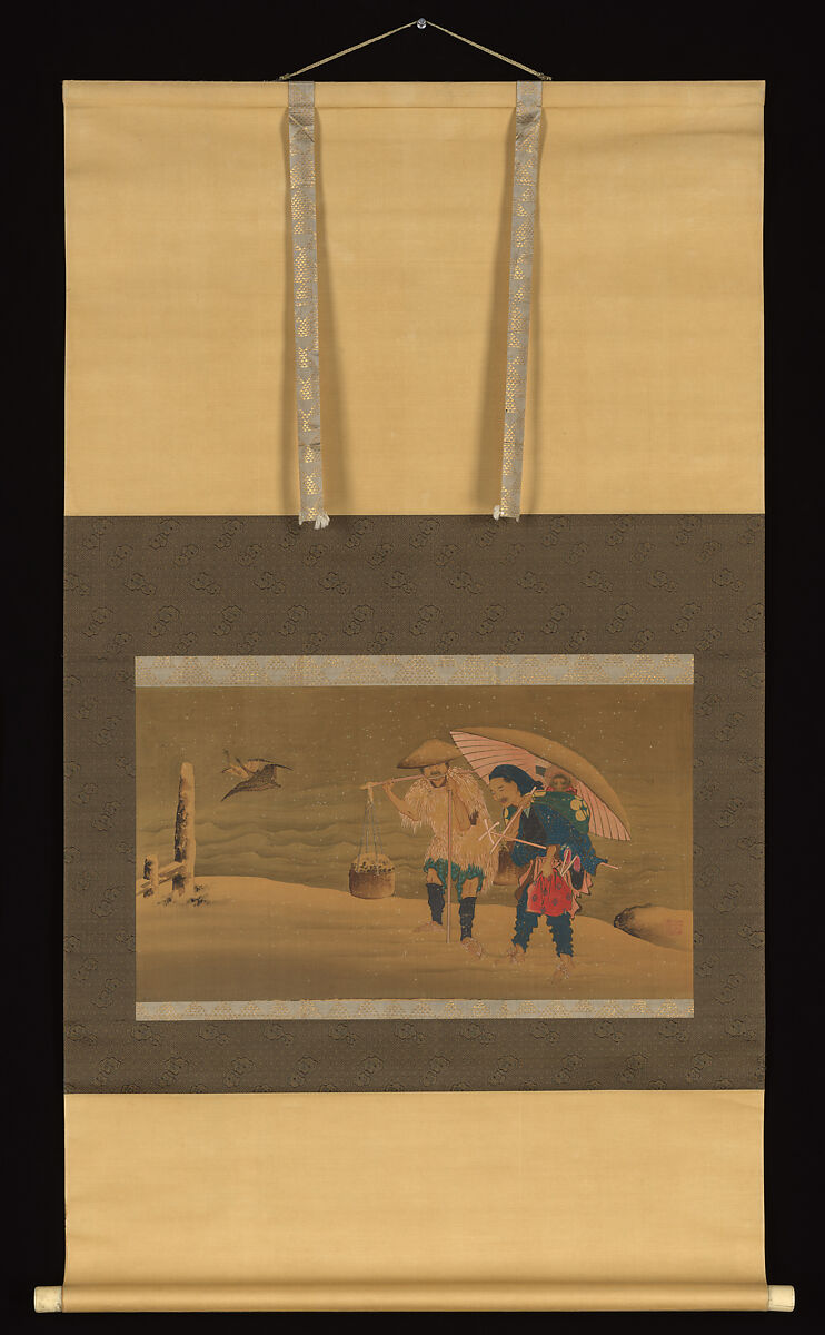 Monkey Showman and Porter(?) in the Snow, Hokuga (Japanese, active early 19th century), Hanging scroll; ink and color on silk, Japan