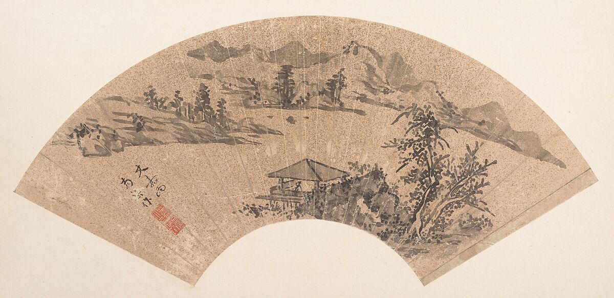 Pavilion by Lake Shore, Unidentified artist, Folding fan mounted as an album leaf; ink on gold paper, China 