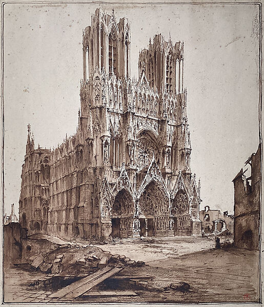 The Cathedral of Reims, Robert Grouiller (French, 1886–1918), Pen and brown ink and wash with graphite on paper 