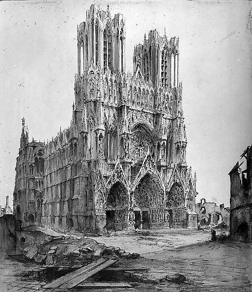 The Cathedral of Reims, Robert Grouiller (French, 1886–1918), Ink and wash on paper 
