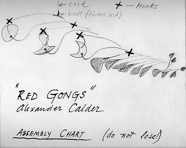 Red Gongs (assembly directions), Alexander Calder (American, Philadelphia, Pennsylvania 1898–1976 New York), Colored pencil, black ink, and graphite on paper 