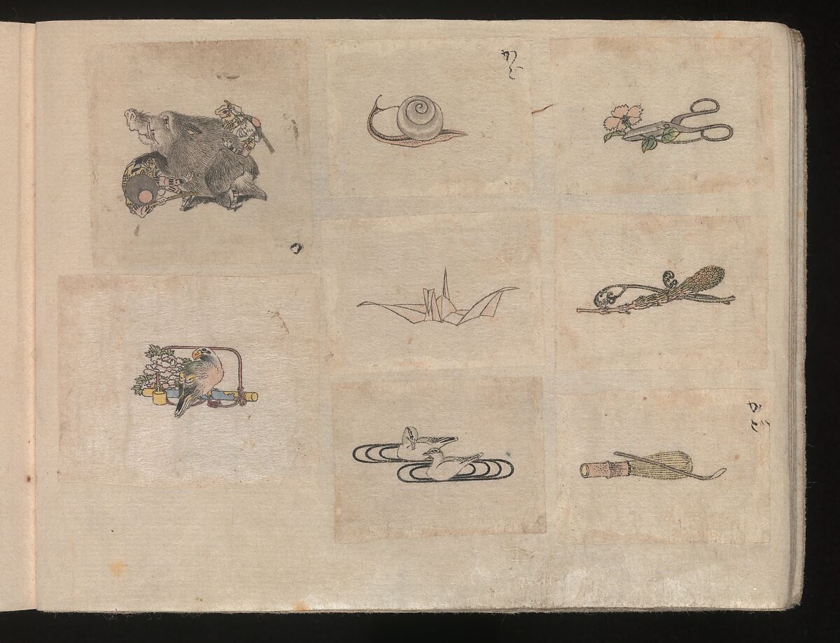 Miniature Drawings for Craftspeople, Katsushika Hokusai (Japanese, Tokyo (Edo) 1760–1849 Tokyo (Edo)), Two albums pasted with 548 drawings; ink and color on paper, Japan
