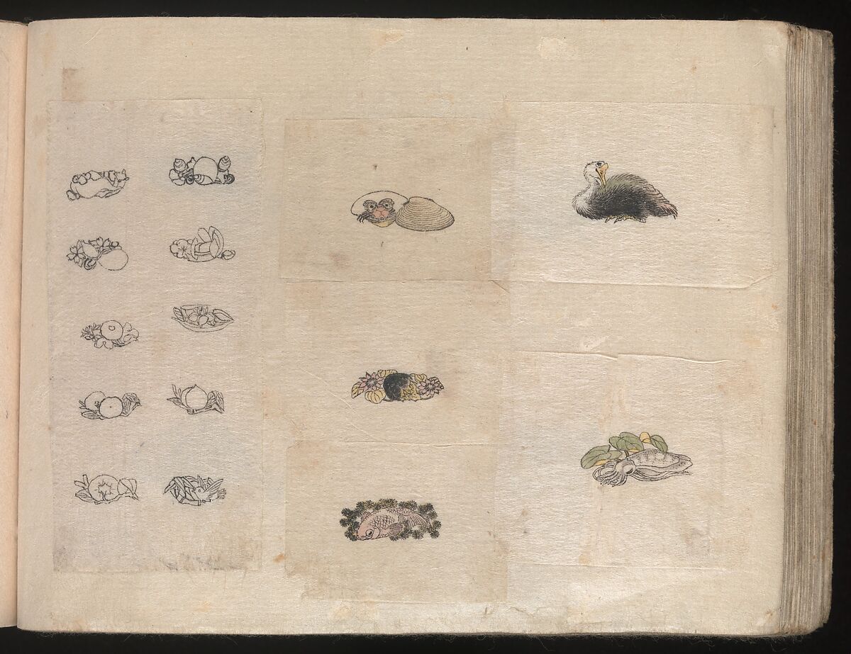 Miniature Drawings for Craftspeople, Katsushika Hokusai (Japanese, Tokyo (Edo) 1760–1849 Tokyo (Edo)), Two albums pasted with 548 drawings; ink and color on paper, Japan