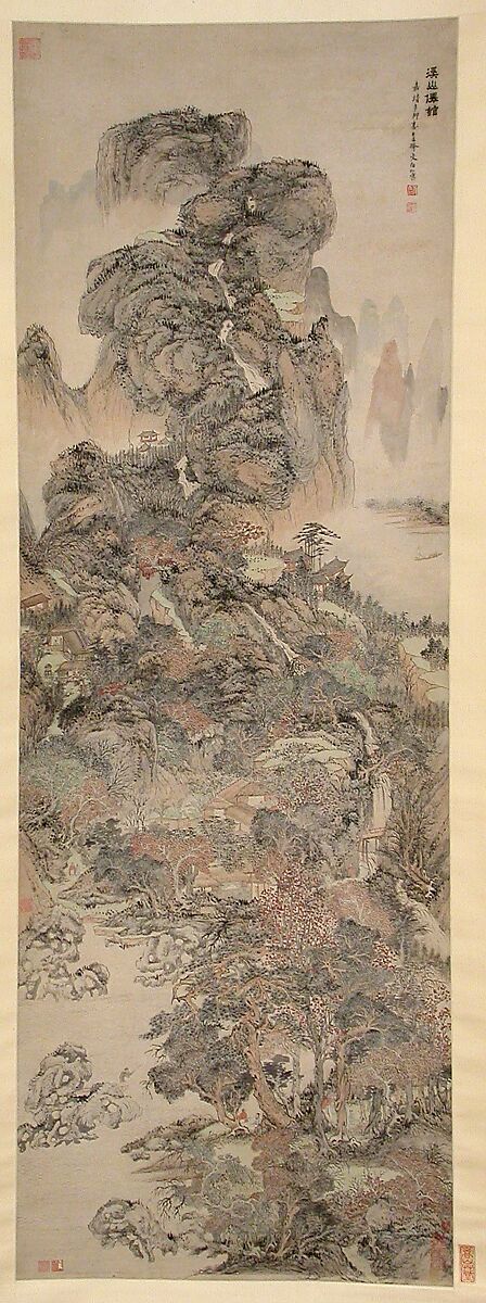 Dwellings of the Immortals Amid Streams and Mountains, Wen Boren (Chinese, 1502–1575), Hanging scroll; ink and color on paper, China 