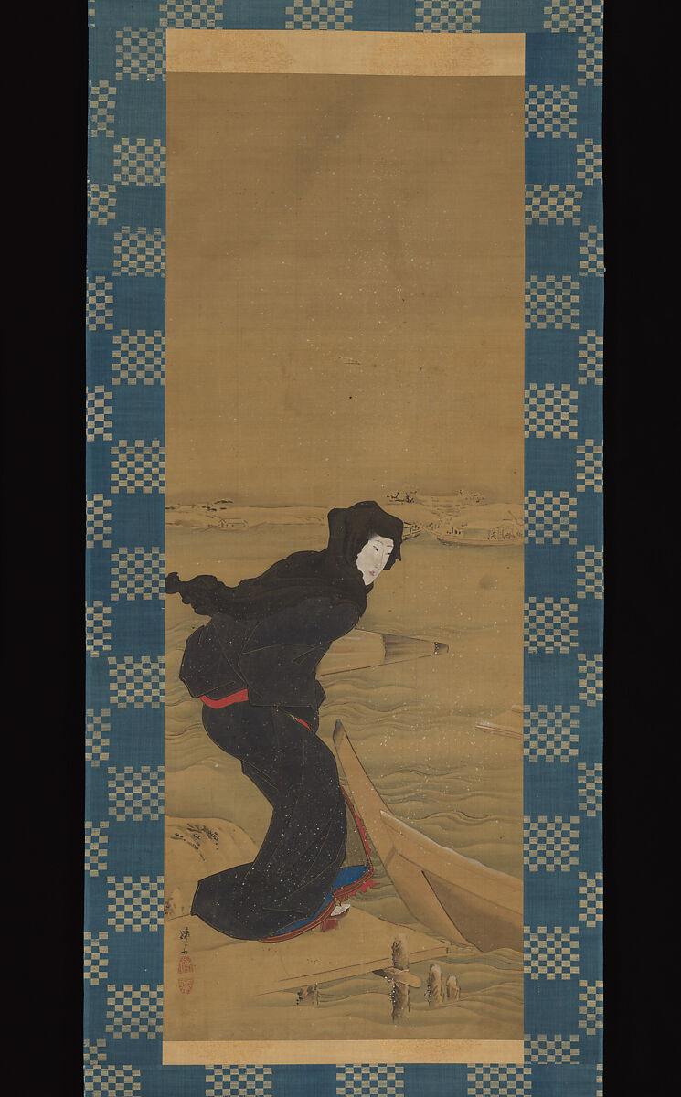 Beauty on a Snowy Quay, Teisai Hokuba (Japanese, 1771–1844), Hanging scroll; ink and color, and gold on silk, Japan 