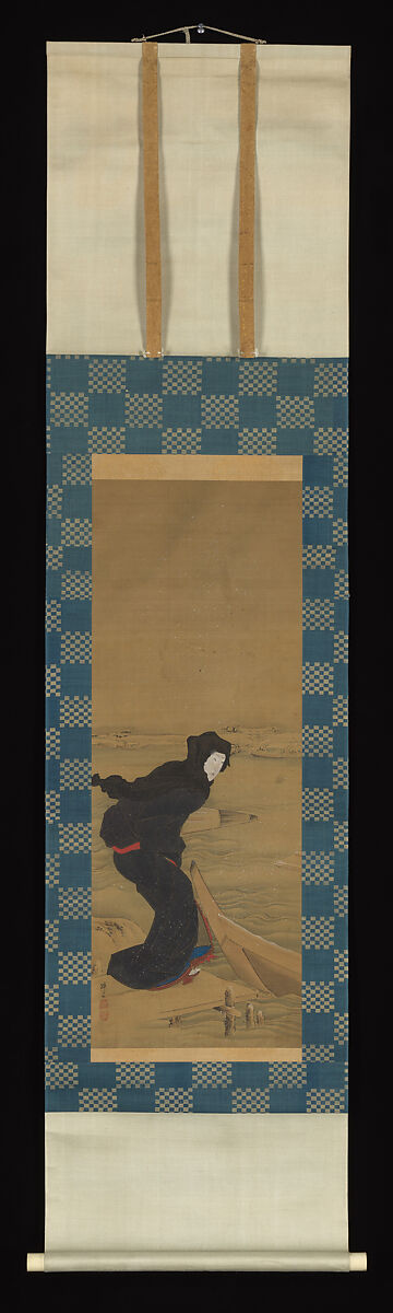 Beauty on a Snowy Quay, Teisai Hokuba (Japanese, 1771–1844), Hanging scroll; ink and color, and gold on silk, Japan