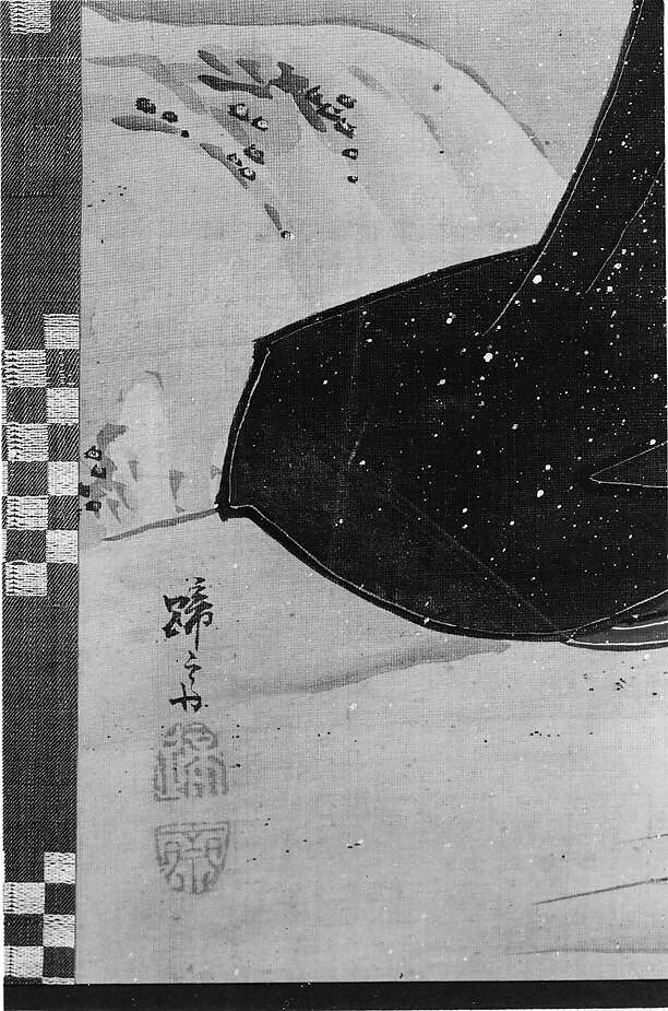 Beauty on a Snowy Quay, Teisai Hokuba (Japanese, 1771–1844), Hanging scroll; ink and color, and gold on silk, Japan