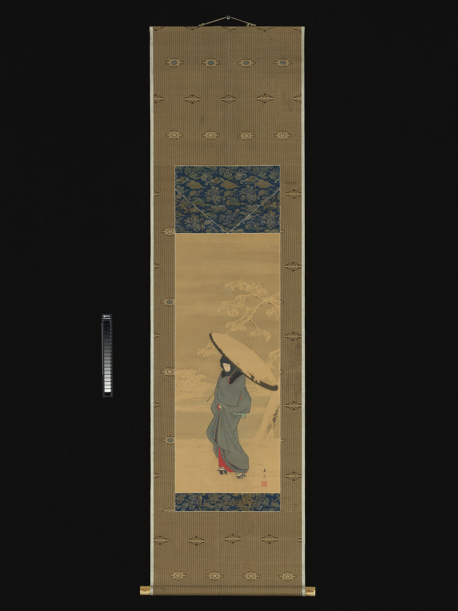 Woman Walking in the Snow, Utagawa Hiroshige (Japanese, Tokyo (Edo) 1797–1858 Tokyo (Edo)), Hanging scroll; ink and color on silk, Japan
