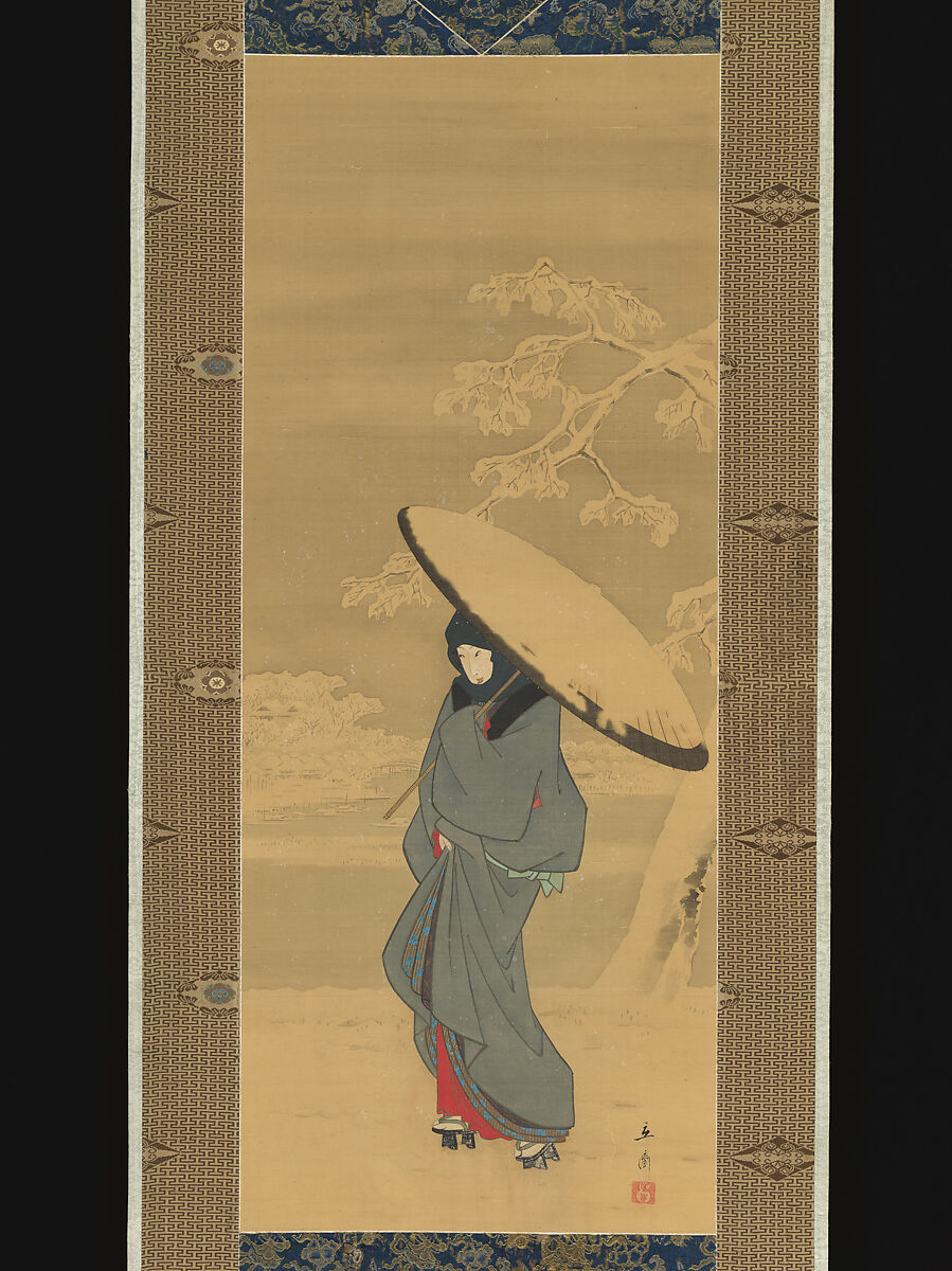 Woman Walking in the Snow, Utagawa Hiroshige (Japanese, Tokyo (Edo) 1797–1858 Tokyo (Edo)), Hanging scroll; ink and color on silk, Japan 